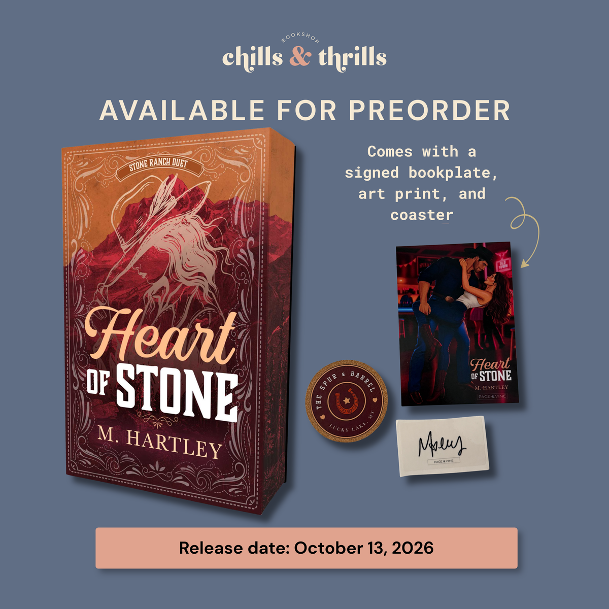 Promotional graphic for the book 'Heart of Stone' by M. Hartley, showing the book cover, a signed bookplate, an art print, a coaster, and a small card on a slate blue background.