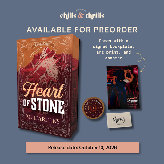 Promotional graphic for the book 'Heart of Stone' by M. Hartley, showing the book cover, a signed bookplate, an art print, a coaster, and a small card on a slate blue background.