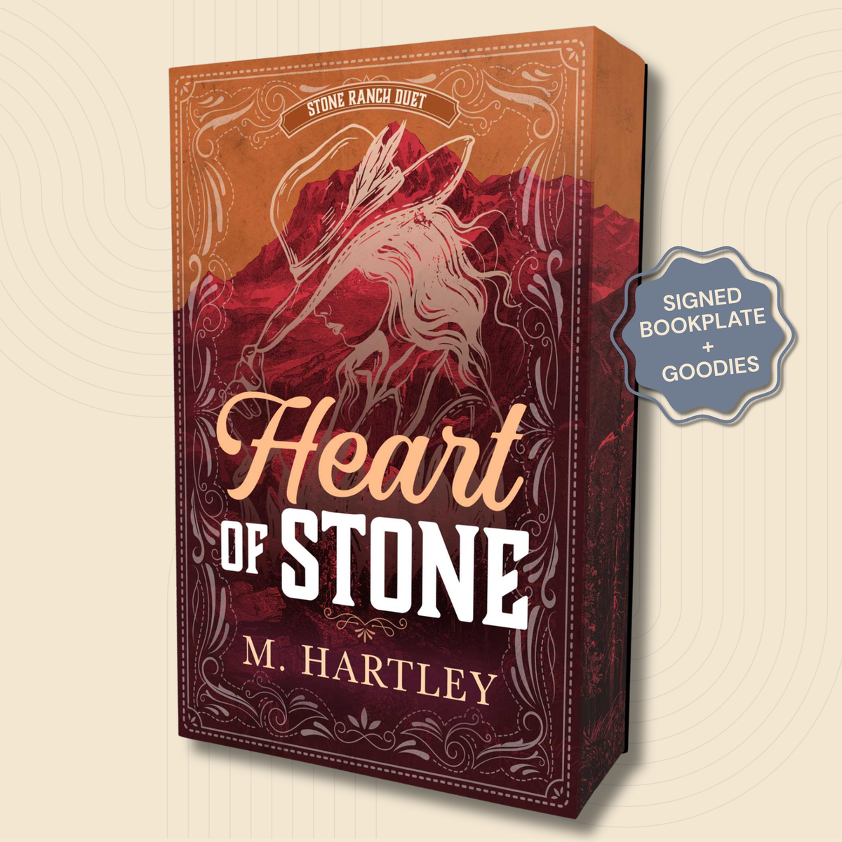 A boxed book cover for 'Heart of Stone' by M. Hartley, shown at an angle on a light beige background.