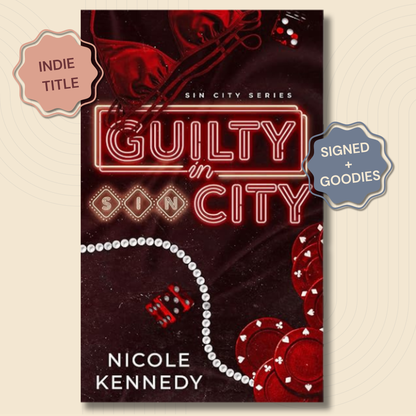 Book cover for 'Guilty in Sin City' by Nicole Kennedy, featuring a dark red and black neon-style design with casino-themed graphics like dice, chips, a pearl necklace, and a pink 'Indie Title' badge plus a blue 'Signed + Goodies' badge on a light beige background.