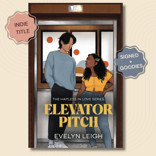 Book cover for 'Elevator Pitch' by Evelyn Leigh, featuring an illustrated couple standing in an elevator. The cover is framed by a beige background with decorative badges reading 'Indie Title' and 'Signed + Goodies'.