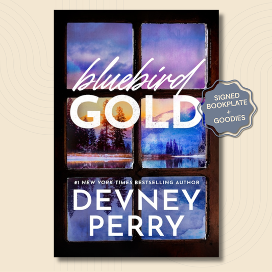 Book cover for 'Bluebird Gold' by Devney Perry, shown as a framed square cover with a windowpane design and a gray 'Signed Bookplate & Goodies' badge on a light beige background.