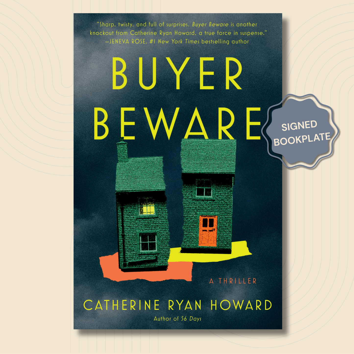 Book cover for 'Buyer Beware' by Catherine Ryan Howard, featuring two small green houses on a dark blue-gray background with large yellow title text and a gray 'Signed Bookplate' badge on the right.