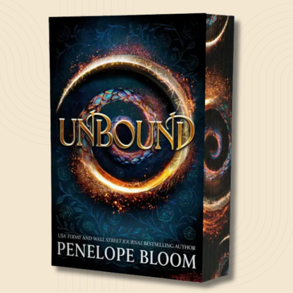 Book cover for the novel 'Unbound' by Penelope Bloom, featuring a dark fantasy design with a glowing golden ring and swirling cosmic patterns on a black background.