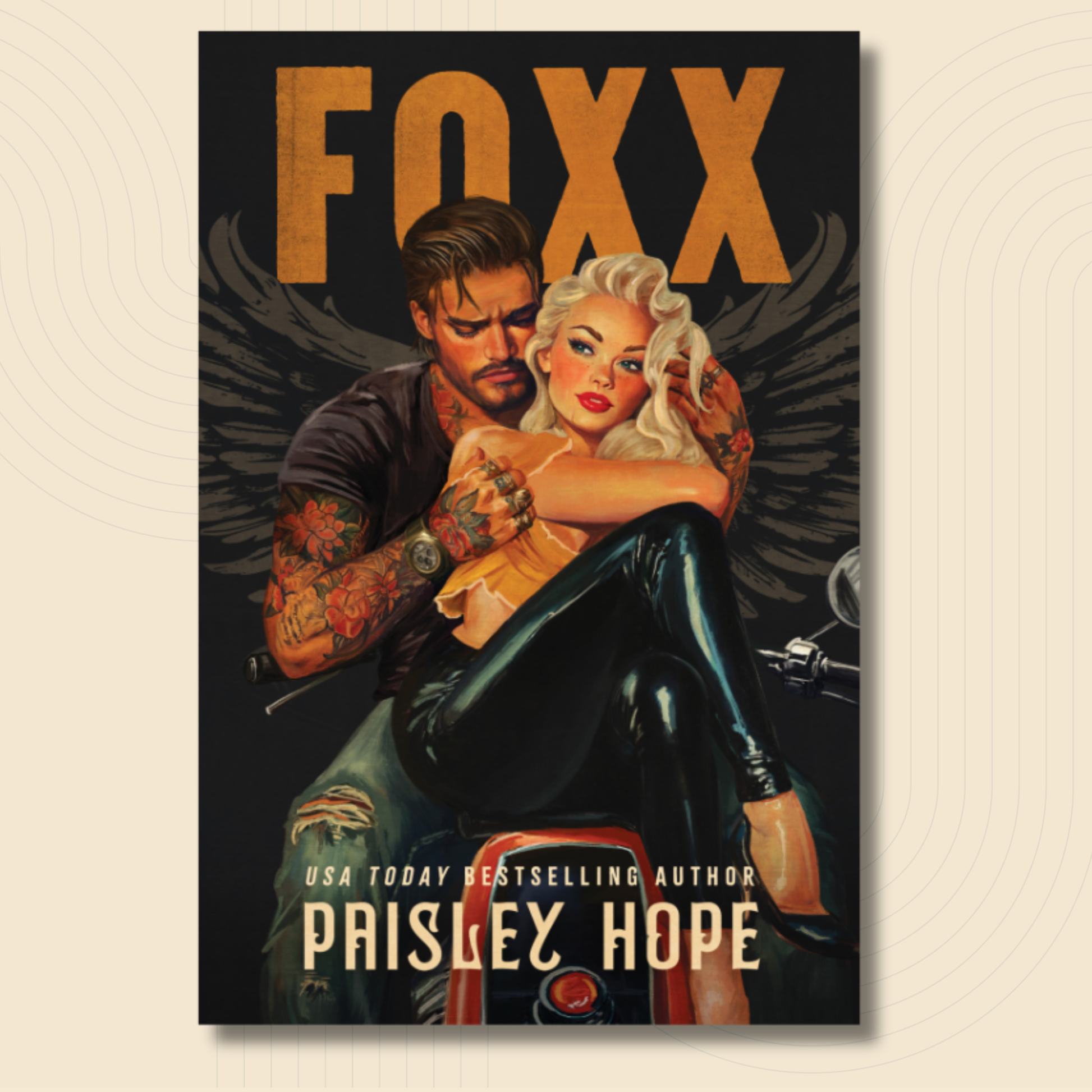 A vertical book cover or poster-style product image featuring illustrated pin-up style artwork of a tattooed man holding a blonde woman on a motorcycle, with the large word 'FOXX' at the top and 'PRISLEY HOPE' at the bottom. The product is shown centered on a light beige background with subtle concentric-circle texture.