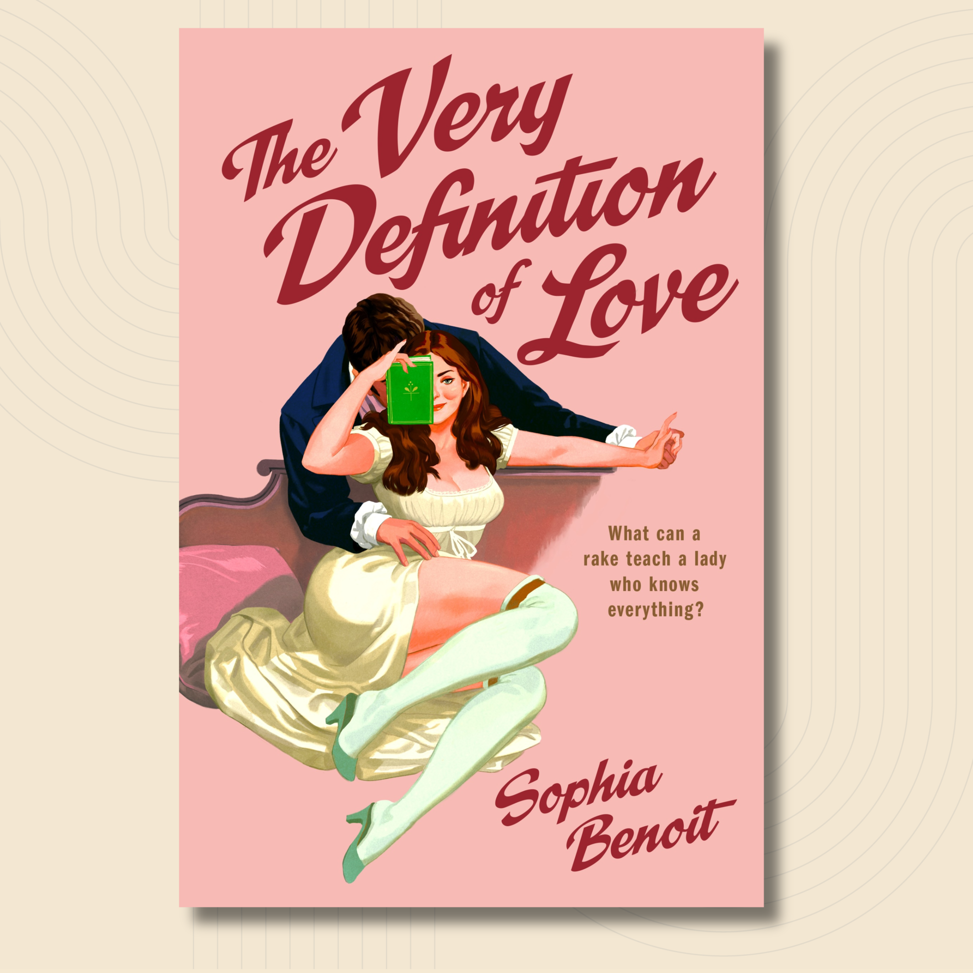 Book cover for 'The Very Definition of Love' by Sophia Benoit, featuring a retro-style illustration of a man and woman embracing on a pink background with vintage typography.