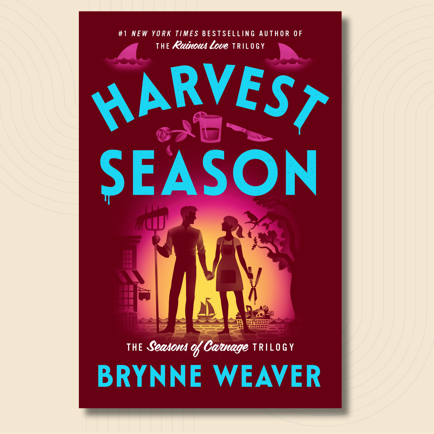 Book cover for 'Harvest Season' by Bryne Weaver, featuring a deep red background with bright cyan title text and a central illustration of a couple holding hands against a glowing pink and orange horizon.