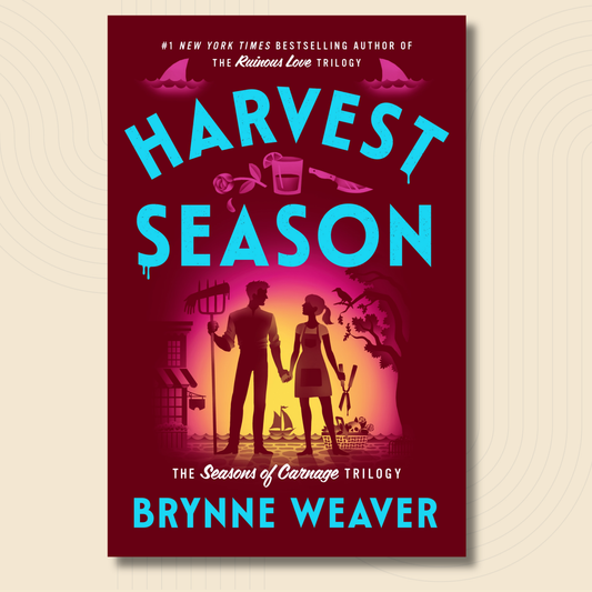 Book cover for 'Harvest Season' by Bryne Weaver, featuring a deep red background with bright cyan title text and a central illustration of a couple holding hands against a glowing pink and orange horizon.