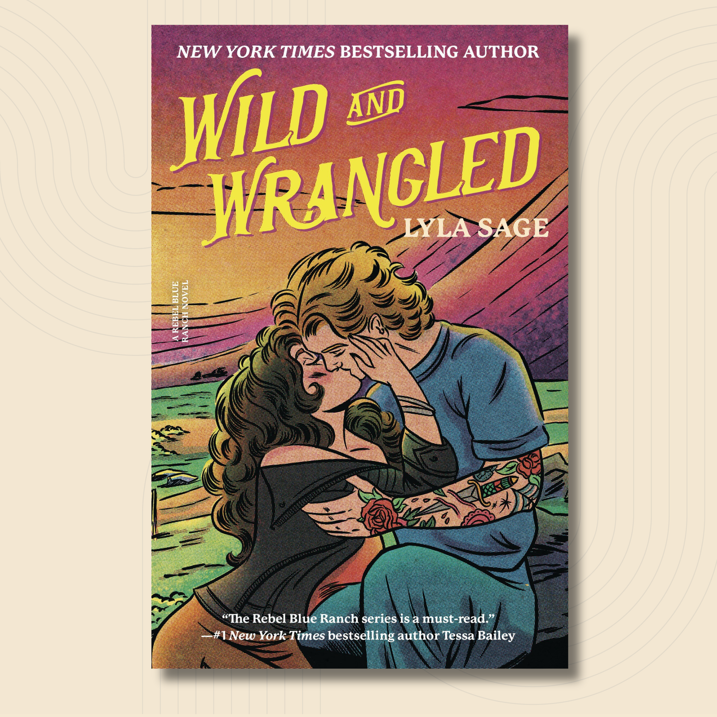 Book cover for the New York Times bestselling novel 'Wild and Wrangled' by Lyla Sage, featuring an illustrated couple embracing at sunset with a purple, orange, and yellow sky background.