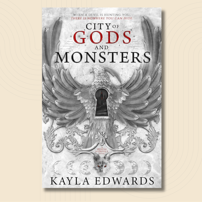 Book cover for 'City of Gods and Monsters' by Kayla Edwards, featuring a detailed grayscale illustration of a phoenix with a keyhole in its wings, set against a light beige background with subtle concentric circle patterns.