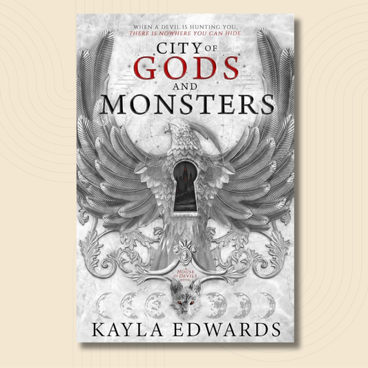 Book cover for 'City of Gods and Monsters' by Kayla Edwards, featuring a detailed grayscale illustration of a phoenix with a keyhole in its wings, set against a light beige background with subtle concentric circle patterns.