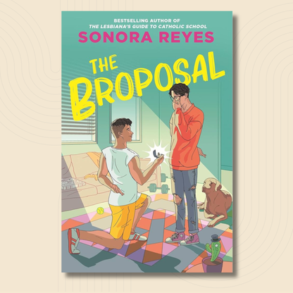 Book cover for 'The Proposal' by Sonora Reyes, featuring a colorful illustration of two young men in a living room, one kneeling and proposing a ring. The book is centered on a light beige background with subtle concentric wave patterns.