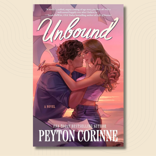 Book cover for the novel 'Unbound' by Peyton Corinne, featuring an illustrated couple embracing against a pink and purple sunset background, centered on a light beige textured backdrop.