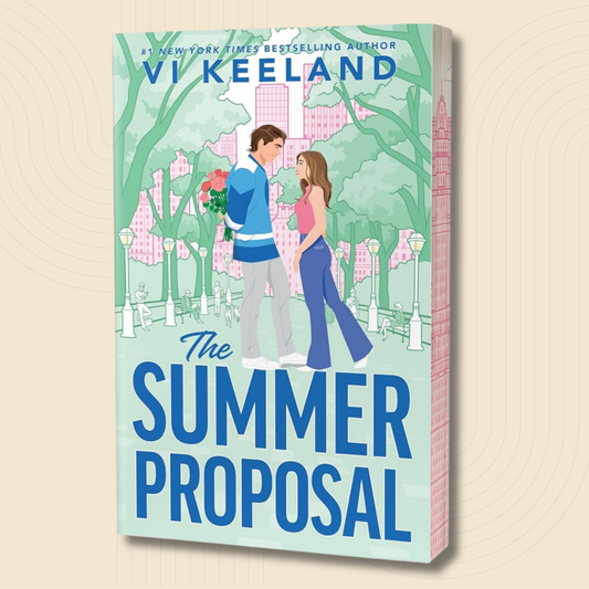 The Summer Proposal book cover by Vi Keeland, featuring an illustration of a man holding a rose and a woman in a park with pink buildings in the background, shown on a light beige textured background.