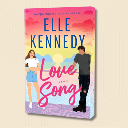 A 3D mockup of the book cover for 'Love Song' by Elle Kennedy, featuring a vibrant sunset gradient background with illustrated characters and bold typography, set against a light beige background with subtle concentric circle patterns.