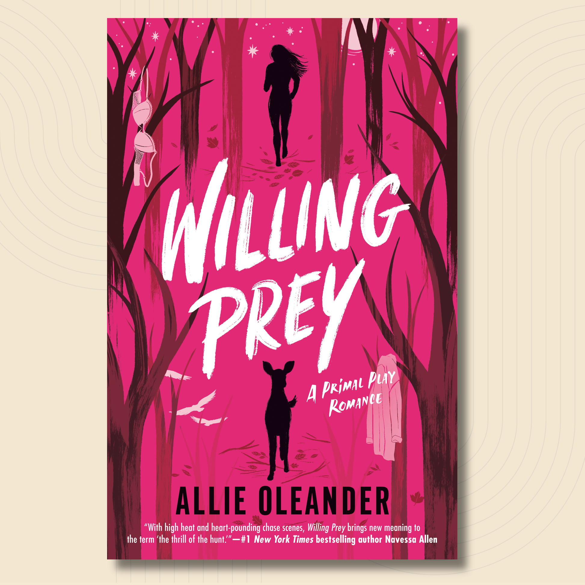 Book cover for 'Willing Prey' by Allie Oleander, featuring a vibrant pink forest scene with silhouettes of a woman and a deer, large white title text, and the author's name at the bottom.