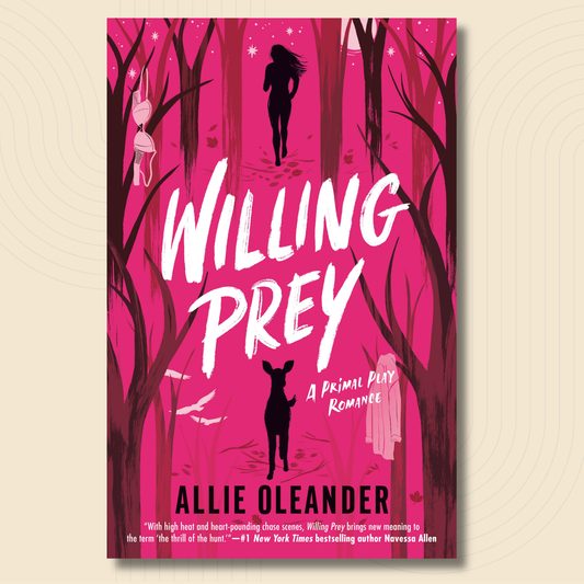 Book cover for 'Willing Prey' by Allie Oleander, featuring a vibrant pink forest scene with silhouettes of a woman and a deer, large white title text, and the author's name at the bottom.