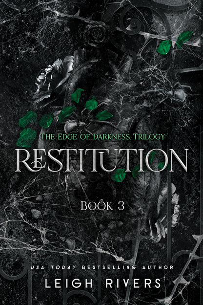 Book cover of 'Restitution' from 'The Edge of Darkness Trilogy' with dark marble background and green leaves.