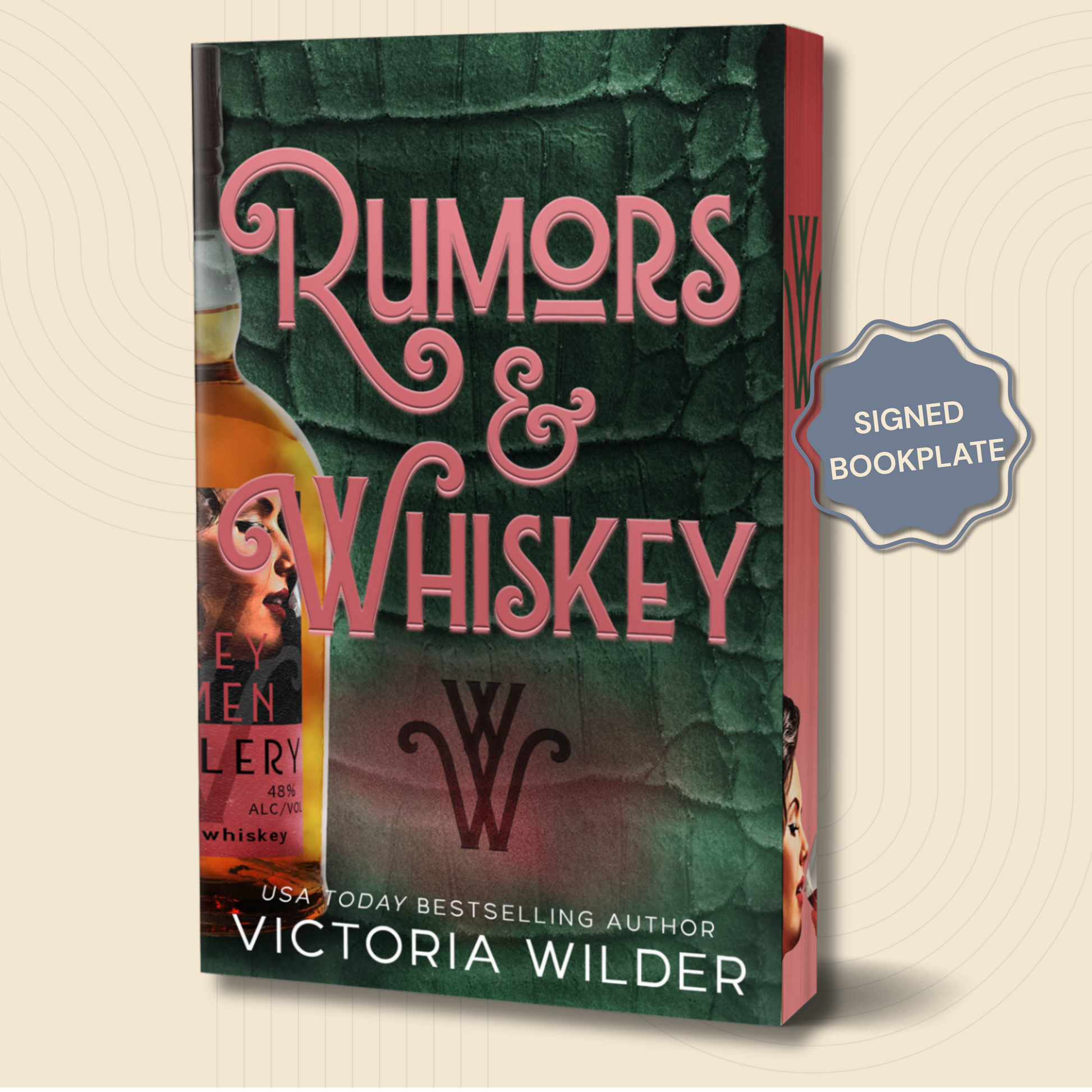 Book cover for 'Rumors & Whiskey' by Victoria Wilder, shown as a 3D book mockup with a 'SIGNED BOOKPLATE' badge on a light beige background.