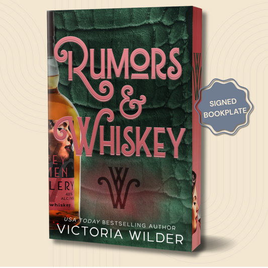 Book cover for 'Rumors & Whiskey' by Victoria Wilder, shown as a 3D book mockup with a 'SIGNED BOOKPLATE' badge on a light beige background.