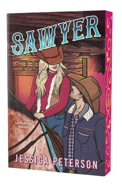 Book cover of 'Sawyer' by Jessica Peterson featuring two people on a horse with a rustic background.