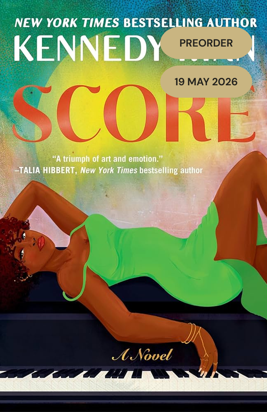 Book cover of 'Score' by Kennedy featuring a woman in a green dress lying on a piano with colorful background.