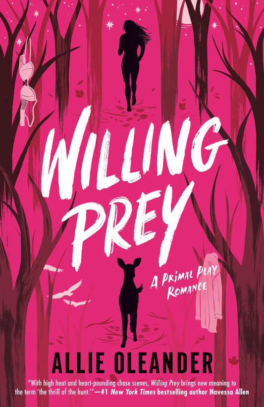 Book cover of 'Willing Prey' with silhouettes in a forest on a pink background
