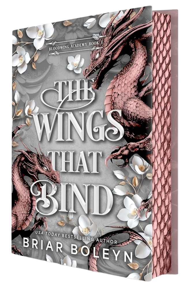 Book cover of 'The Wings That Bind' with dragons and floral design