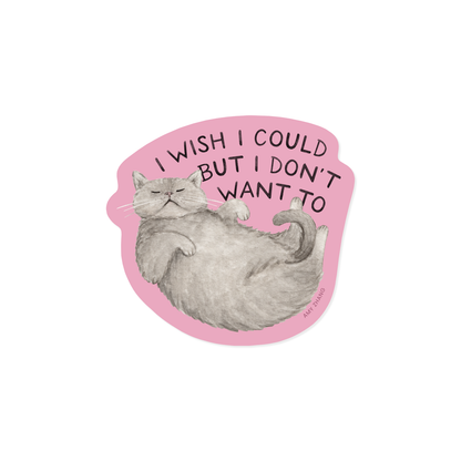 Sticker with a cat illustration and text on a pink background