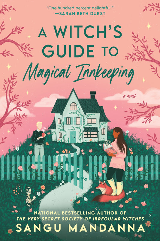 Book cover of 'A Witch's Guide to Magical Innkeeping' with a pink sky, house, and two people standing in a garden.