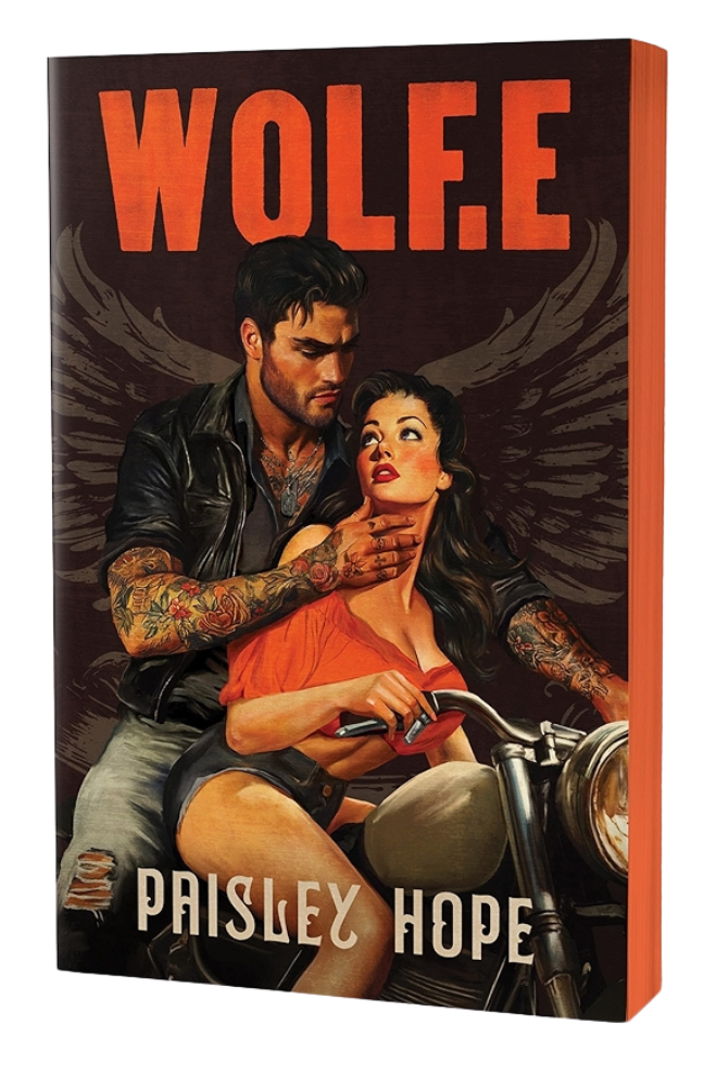 Book cover of 'WOLFE' by Paisley Hope featuring a couple on a motorcycle with wings.
