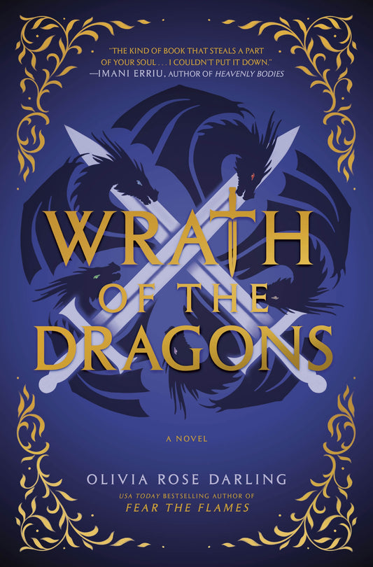 Book cover of 'Wrath of the Dragons' with dragons and crossed swords on a dark blue background.